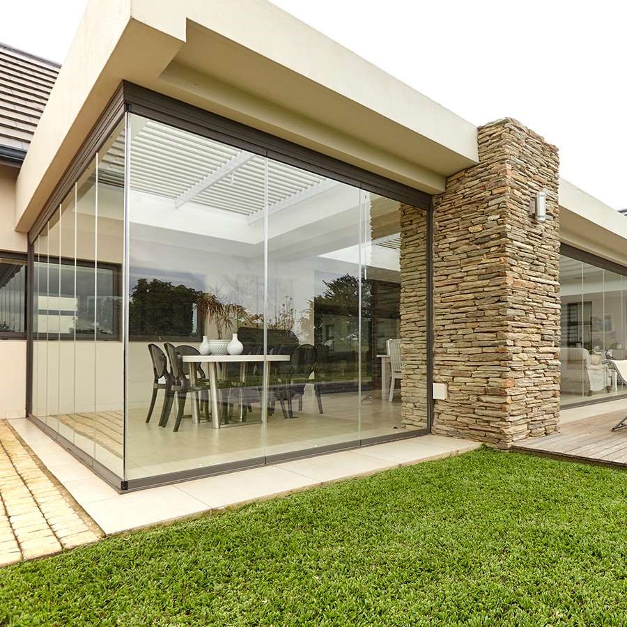 Sunflex Frameless Folding Stacking Doors aluminium and glass installation